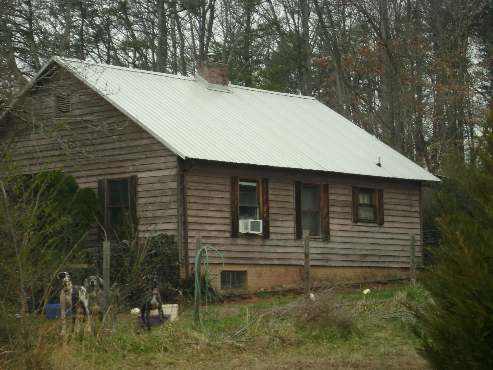 White metal roof on an old wood sided farmhouse, from a Metal Roof Installation job in Reynolds